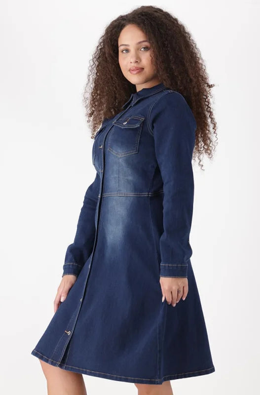 Dunns Clothing | Ladies | Joanne Fit And Flare Denim Dress _ 148644 Dark Wash