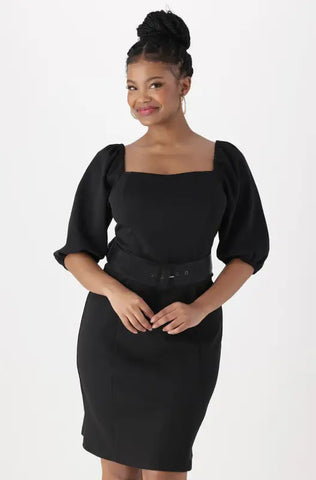 Dunns Clothing | Ladies | Leah Puff Sleeve Belted Dress _ 142194 Black