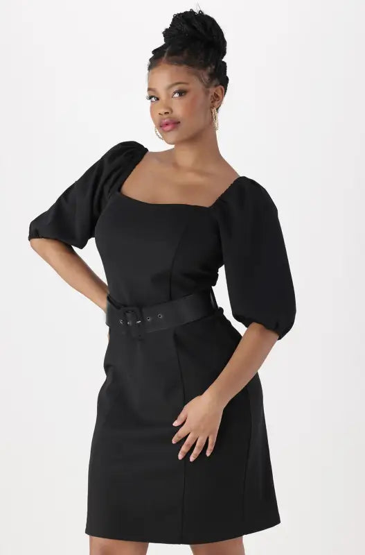 Dunns Clothing | Ladies Leah Puff Sleeve Belted Dress _ 142194 Black