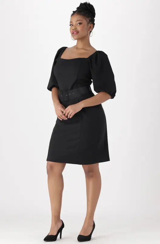 Dunns Clothing | Ladies Leah Puff Sleeve Belted Dress _ 142194 Black