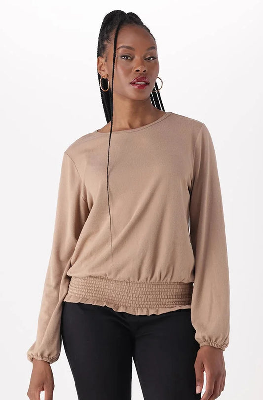 Dunns Clothing | Ladies | Melissa Knit Shirred Top _ 148539 Taupe