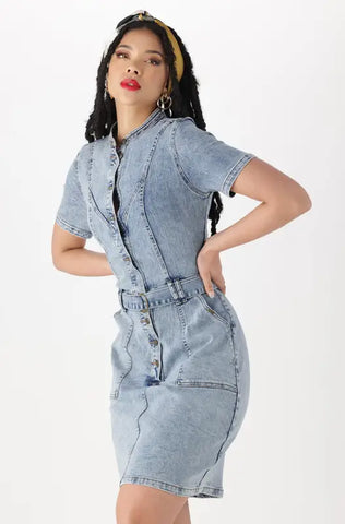 Dunns Clothing | Ladies | Mia Belted Acid Wash Denim Dress _ 144849 Mid