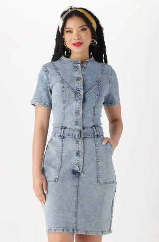 Dunns Clothing | Ladies | Mia Belted Acid Wash Denim Dress _ 144849 Mid