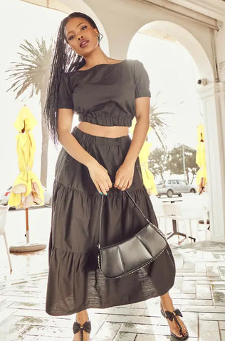 Dunns Clothing | Ladies | Mia Poplin Tiered Skirt _ 140886 Black