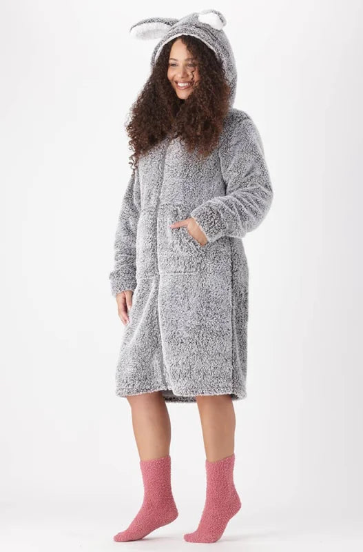 Dunns Clothing | Underwear | Satine Fleece Hooded Zip Thru Gown _ 147138 Grey