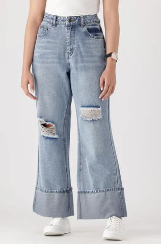 Dunns Clothing | Ladies | Taryn Turn Up Wide Leg Denim Jeans _ 141689 Mid Wash