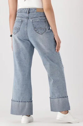 Dunns Clothing | Ladies | Taryn Turn Up Wide Leg Denim Jeans _ 141689 Mid Wash