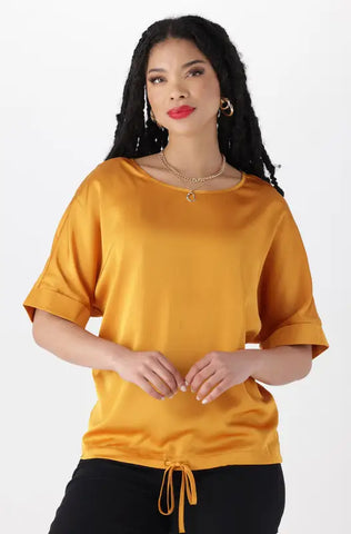 Dunns Clothing | Ladies | TORI SATIN DRAWCORD TOP _ 144841 Ocre