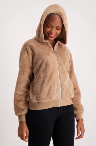 Dunns Clothing | Ladies | Toya Fluffy Zip Through Top _ 137638 Taupe