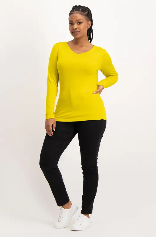 Dunns Clothing | Ladies | Vayla V Neck Tee _ 136520 Yellow