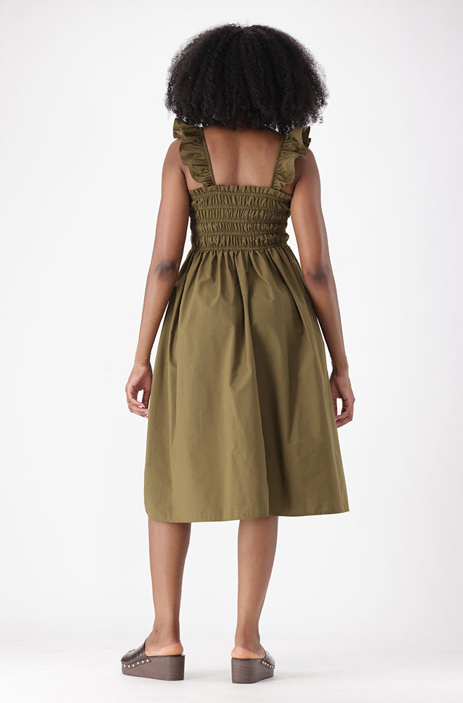 SABRINE STRAPPY MIDI SHIRRED DRESS
