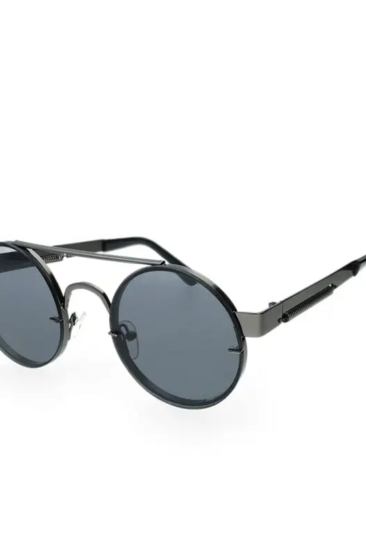 Round, dark gray sunglasses with a double brow bar.