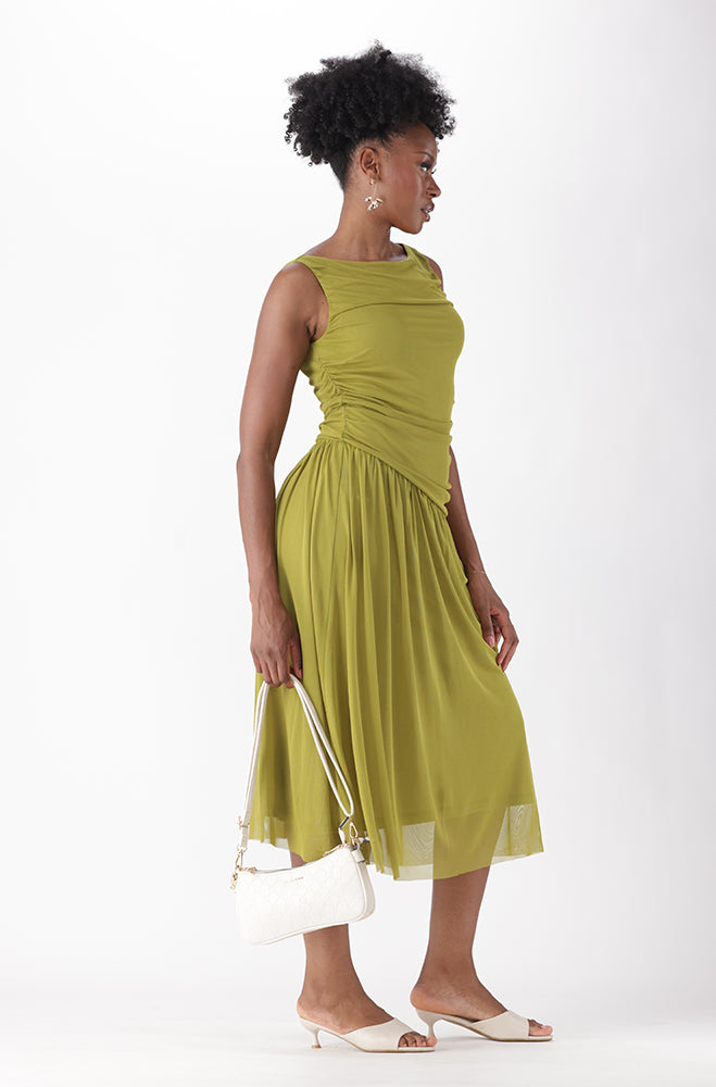 ARLINA ASYMMETRIC WAIST MAXI MESH DRESS