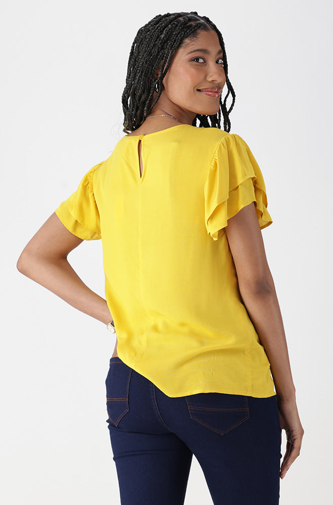 Ladies | Nikki Flutter Sleeve Top _ 162103 Ocre Blouses