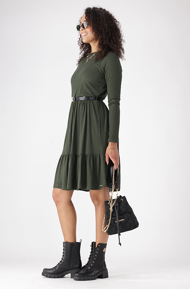 TATUM BELTED TIERED RIB DRESS