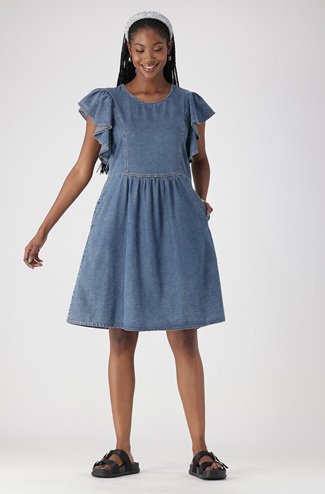 ARI DENIM FLUTTER SLEEVE DRESS