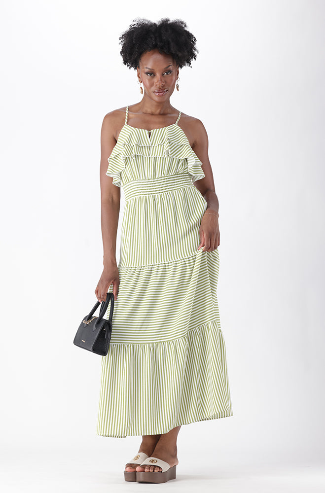 ZINNIA FRILL MAXI STRIPE DRESS
