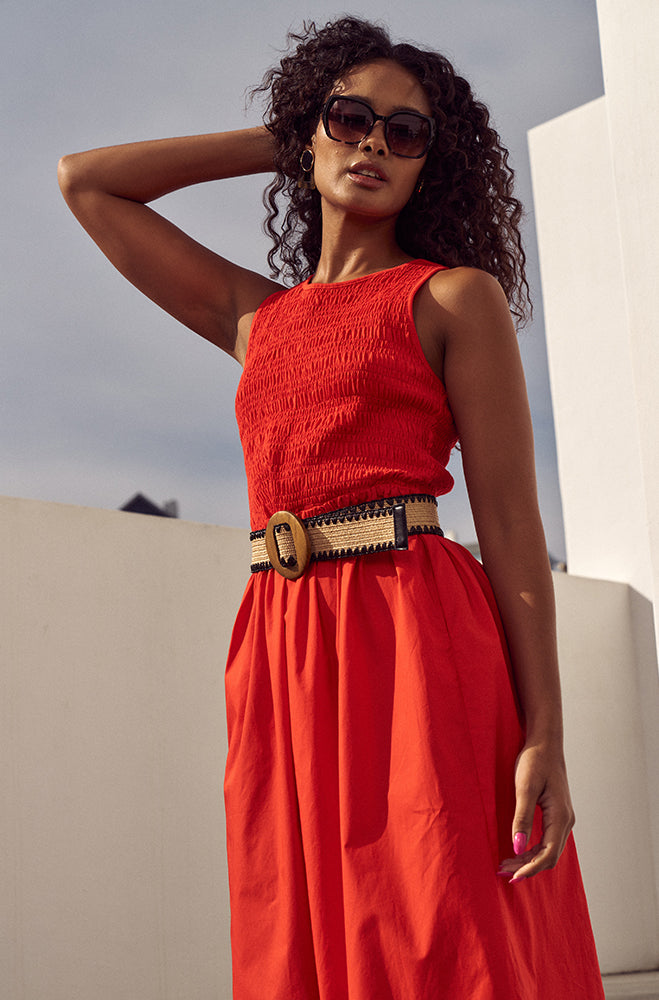 RAY SHIRRED COMBO DRESS