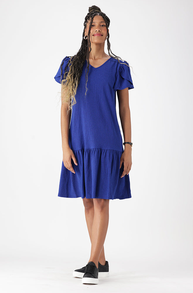 Ladies | Cindy Textured Knit Tulip Sleeve Dress _ 162621 Blue Dresses