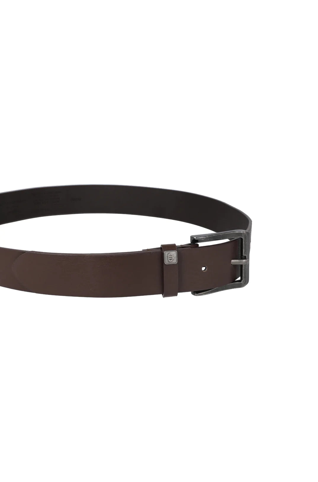 A dark brown leather belt with a gunmetal buckle.