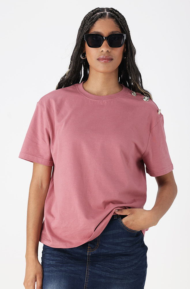 Ladies | Jade Boyfriend Tee with Buttons Gold _ 162632 Pink T-shirts