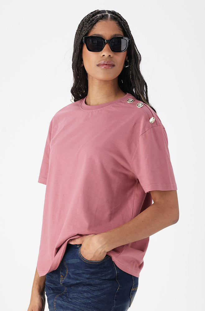 Ladies | Jade Boyfriend Tee with Buttons Gold _ 162632 Pink T-shirts