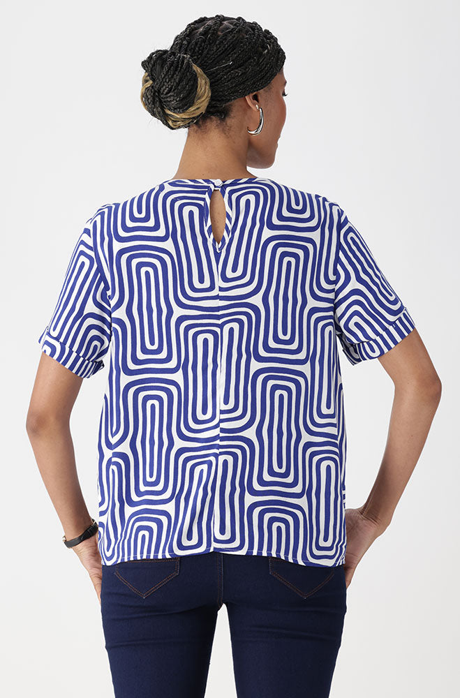 Ladies | Rose Geo Print Boxy Top _ 162105 Blue Blouses