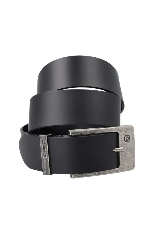 Black leather belt with a distressed silver-tone buckle.