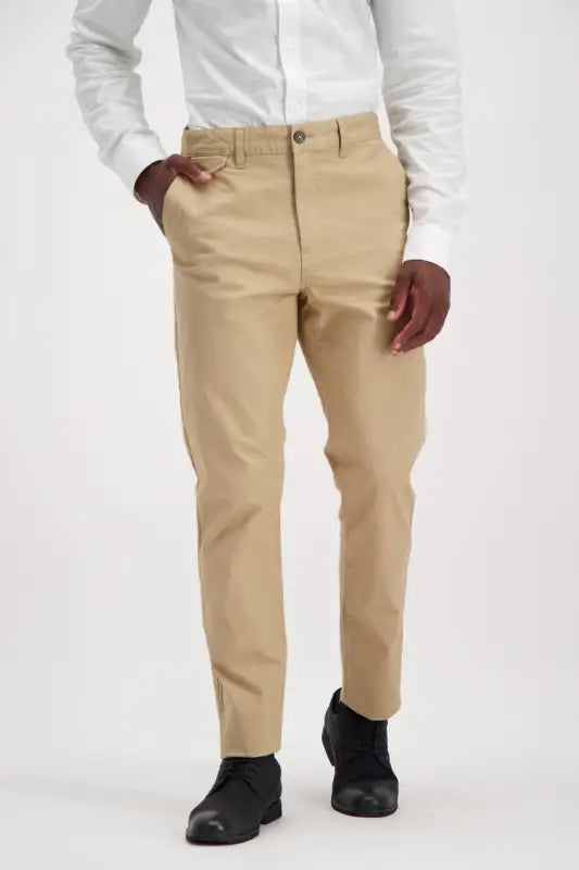 Men’s slim-fit khaki chinos.